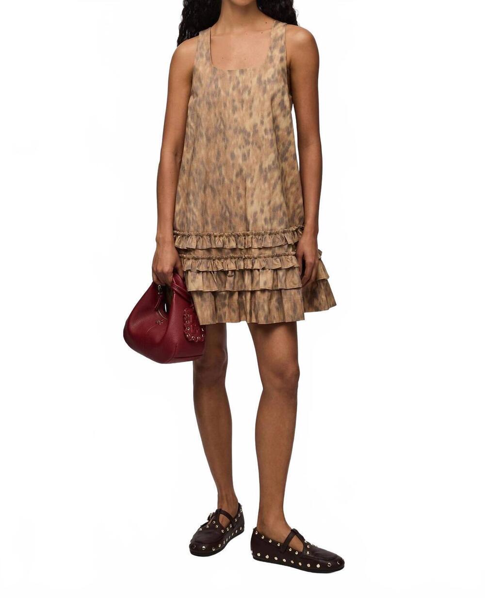 NEW GANNI printed stretch cotton u-neck mini dress in burro